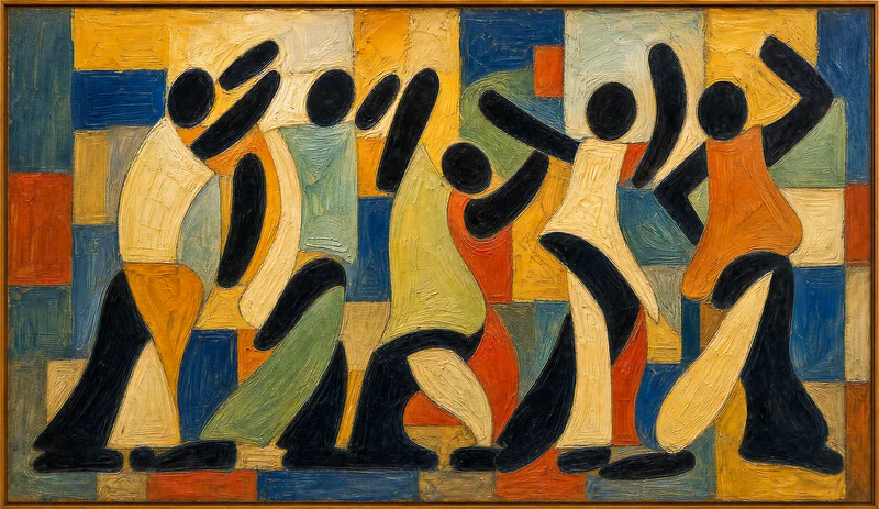 Abstract figures in motion within a geometric composition of ochre, blue, green, cream and black. The complete frame is visible.