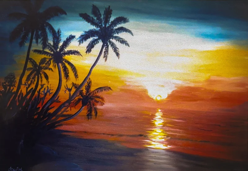 Dark palm silhouettes beside a sea horizon, with orange sunlight reflected on the water.