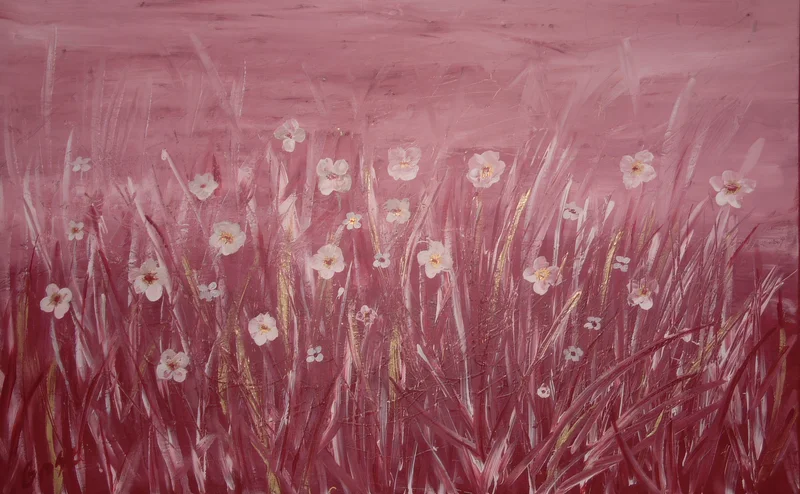 Small white flowers and slender stems against a layered pink background.