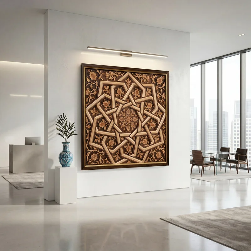 A framed geometric and floral relief shown on a wall in a bright interior.