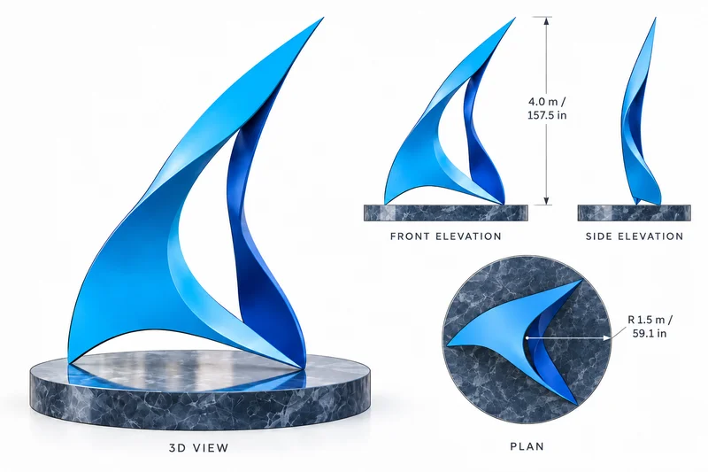 An abstract blue sail-like form on a round base, with front and side elevations and a plan.