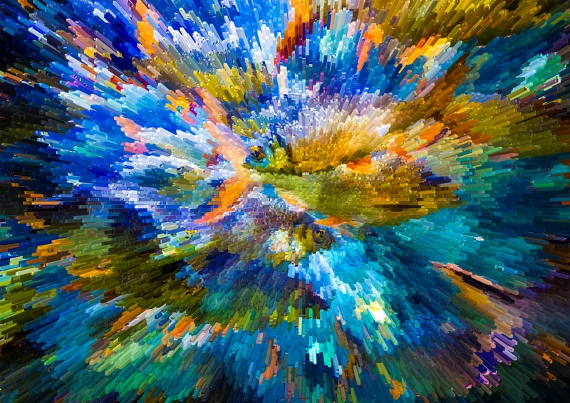 Blue, turquoise, white and yellow block-like marks spreading outward from the centre.