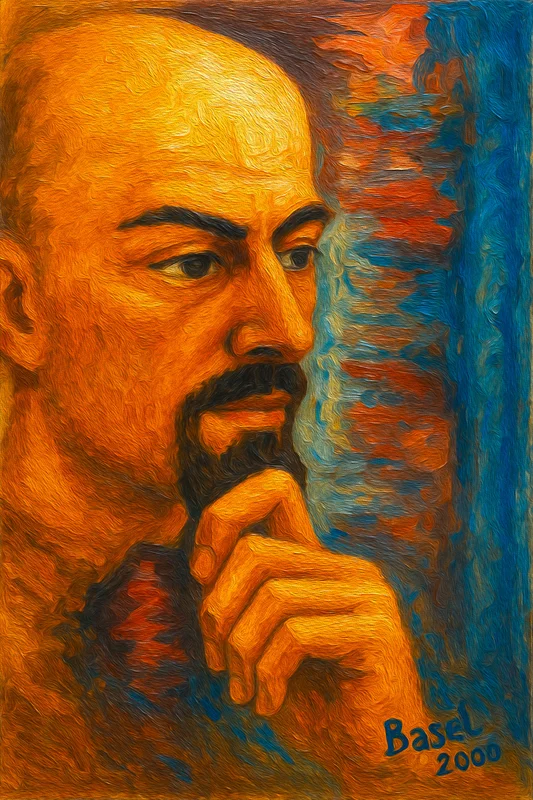 A warm orange portrait of a man resting his chin on his hand against blue and orange brush-like marks.