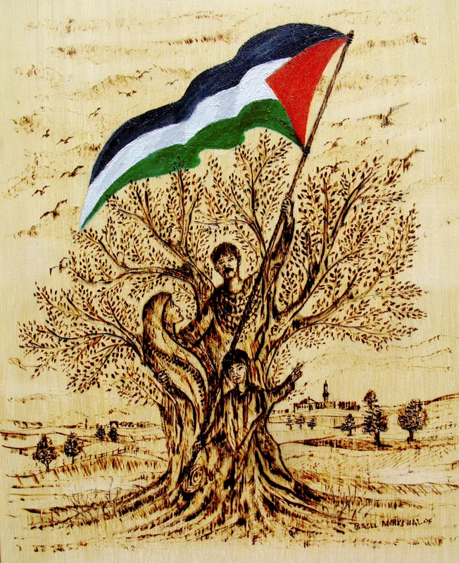 Human figures merge with the trunk and branches of an olive tree beneath a Palestinian flag.